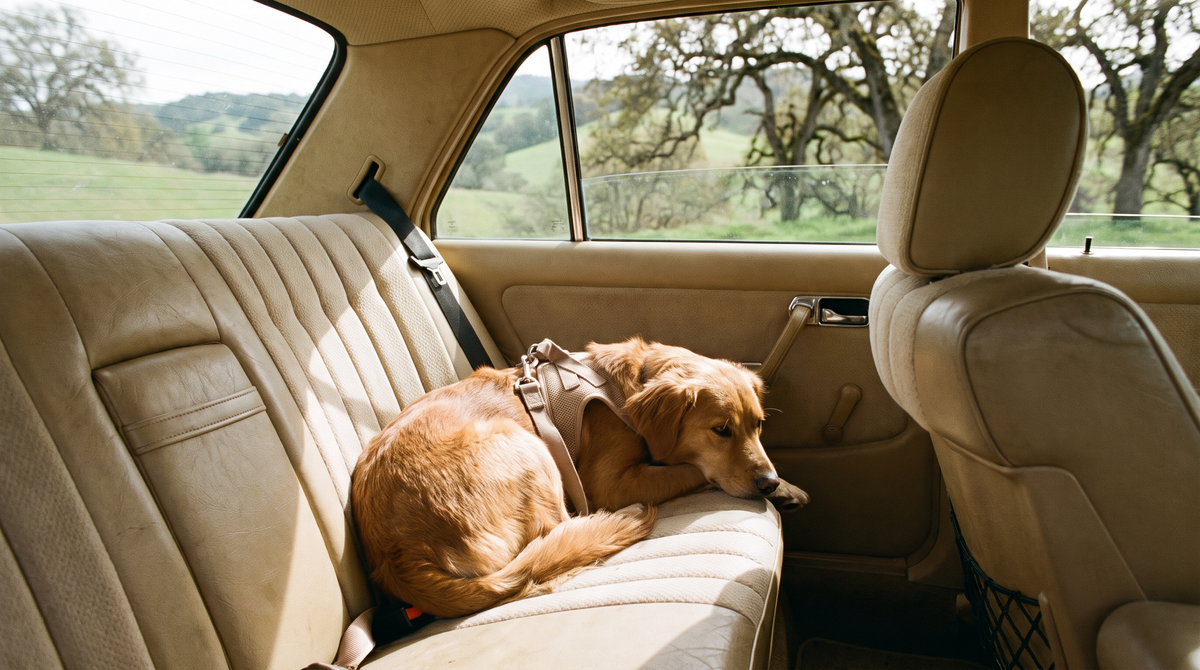 A calm dog resting in a padded car travel seat, secured with a harness, soft daylight through the window