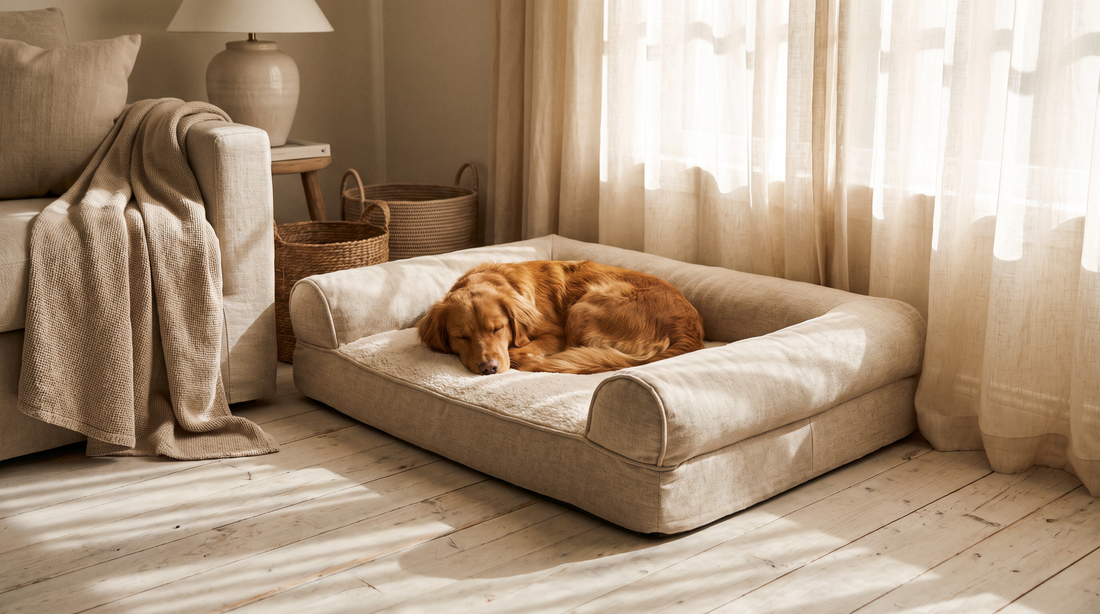 A dog sleeping curled up on a cushioned pet bed with a bolster edge, in a quiet corner of a bright living room