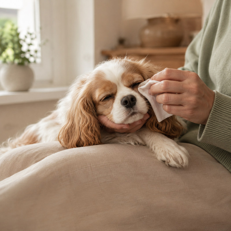 Cavalier King Charles Spaniel having its face gently wiped clean
