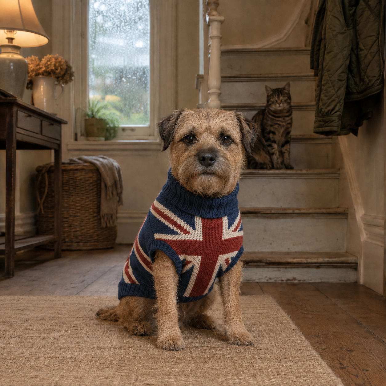 Border Terrier in a knitted jumper sitting in a British hallway