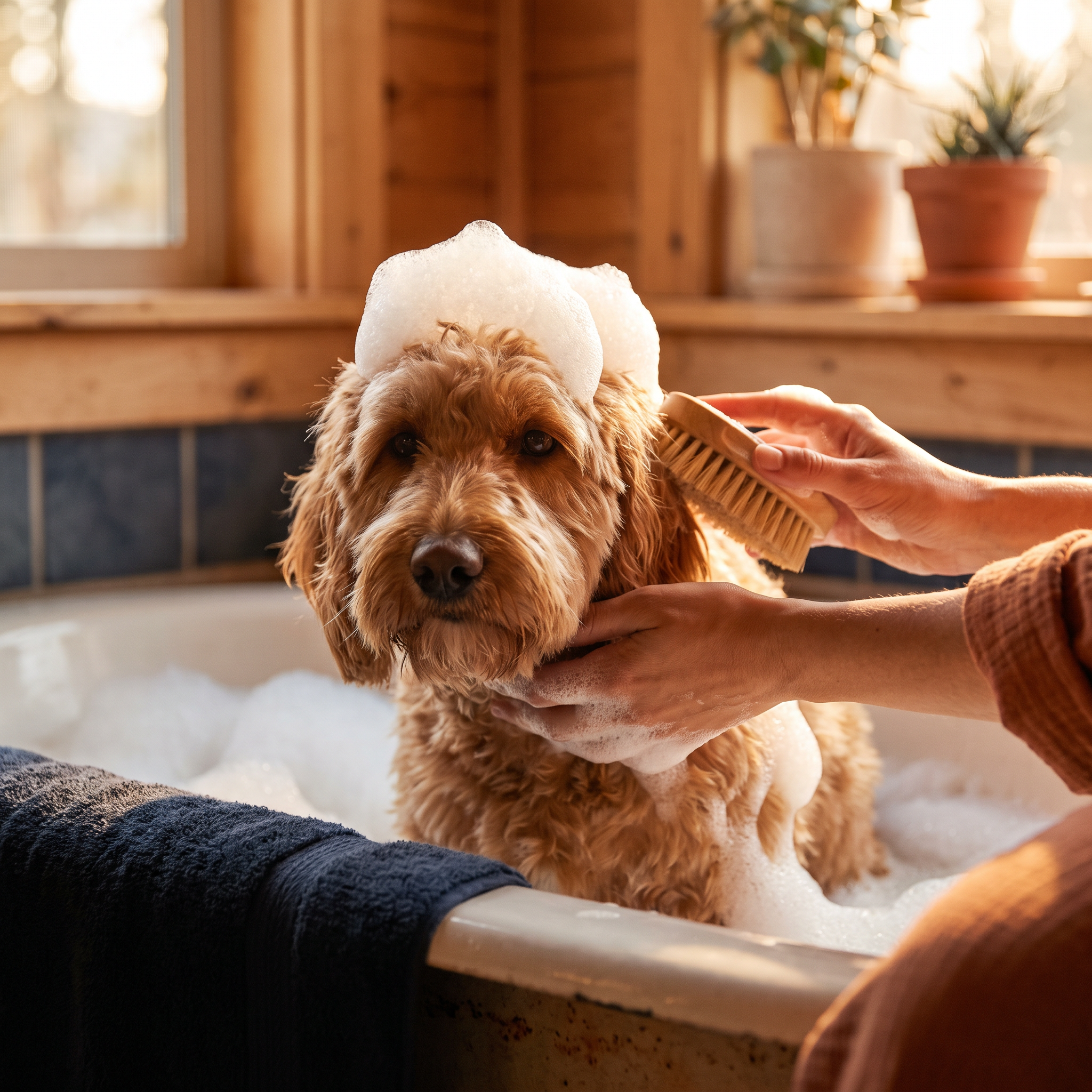 Dog being gently bathed with soft foam