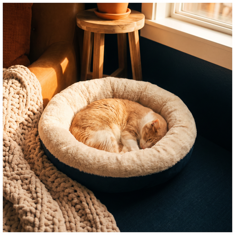 Cat sleeping in a cozy plush bed