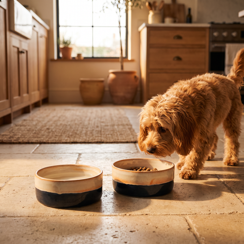 Pet food and water bowls in a home kitchen