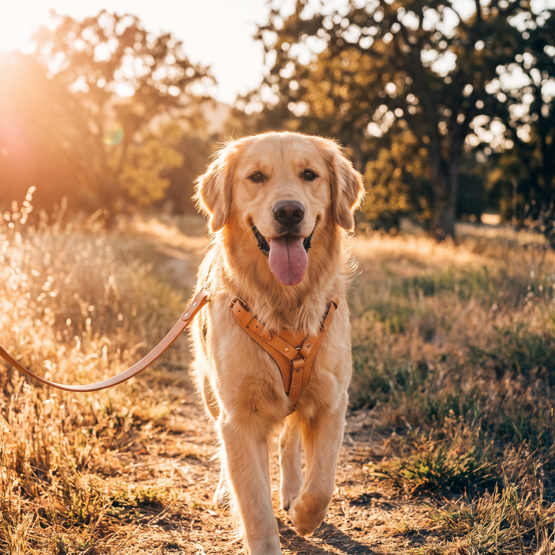 Golden retriever wearing a harness on a walk