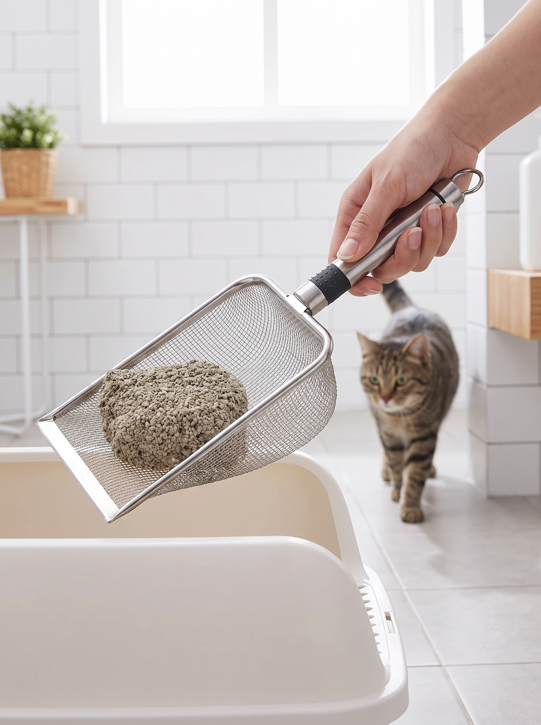 SteelSift Stainless Steel Cat Litter Scoop shown beside a litter tray in a clean home setting