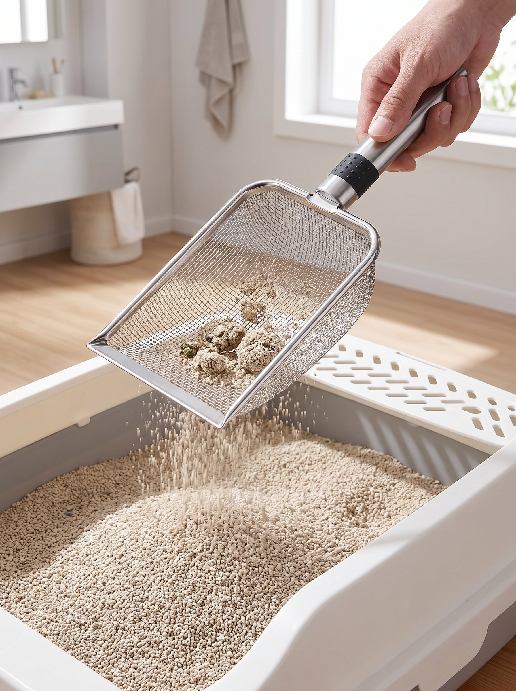 SteelSift Stainless Steel Cat Litter Scoop shown in use sifting a litter tray