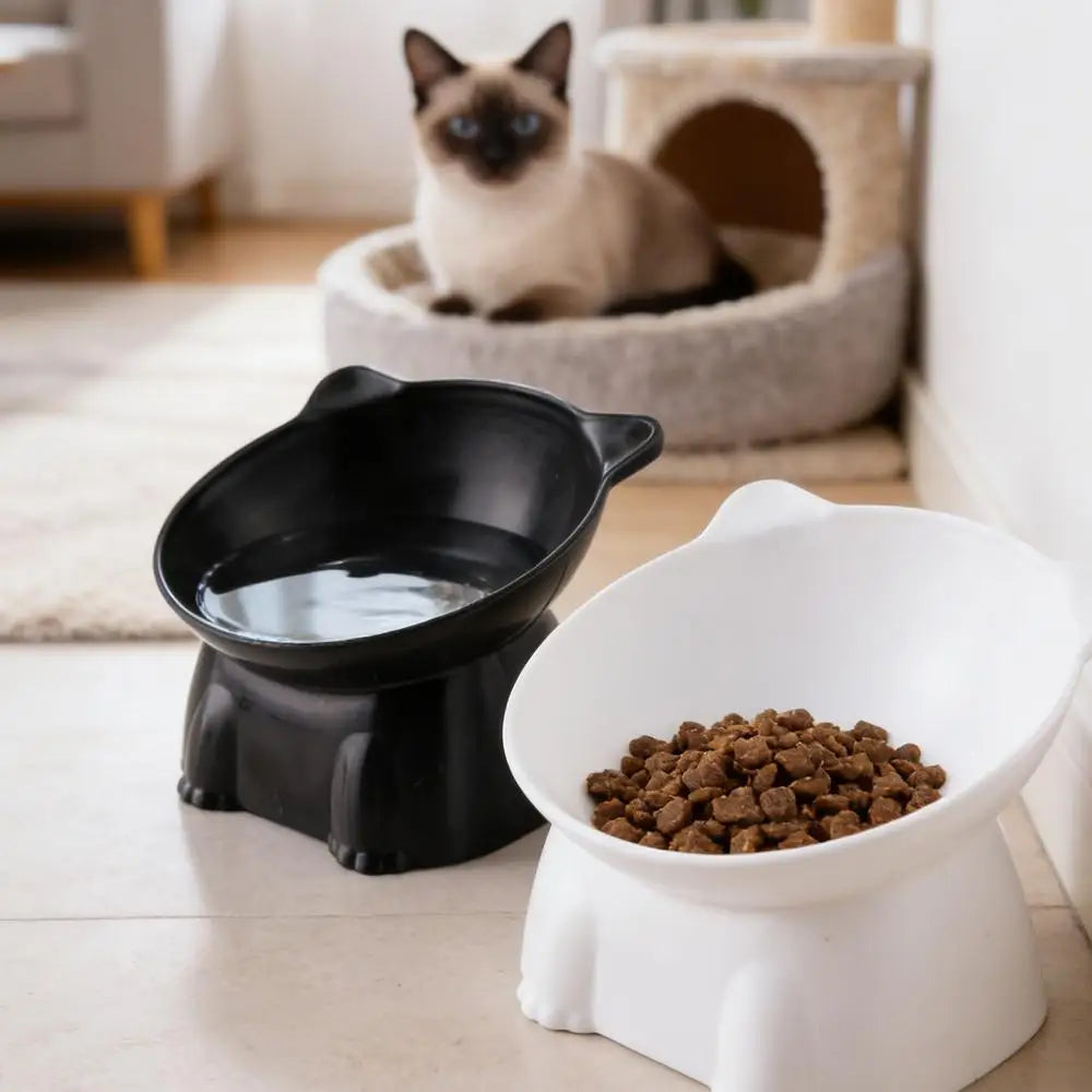 1pc WhiskerWare Elevated Cat Bowl Anti-Tip Plastic Raised Pet Feeding Dish with Tilted Edge Neck Protection Kitty Food