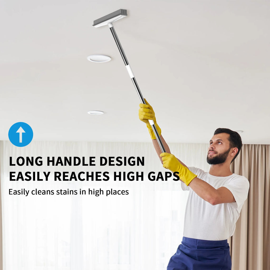 2-in-1 Rubber Broom & Scraper Brush, Silicone Pet Hair Remover for Carpet/Hardwood Floors, Long Handle Sweeper for Tile/Windows