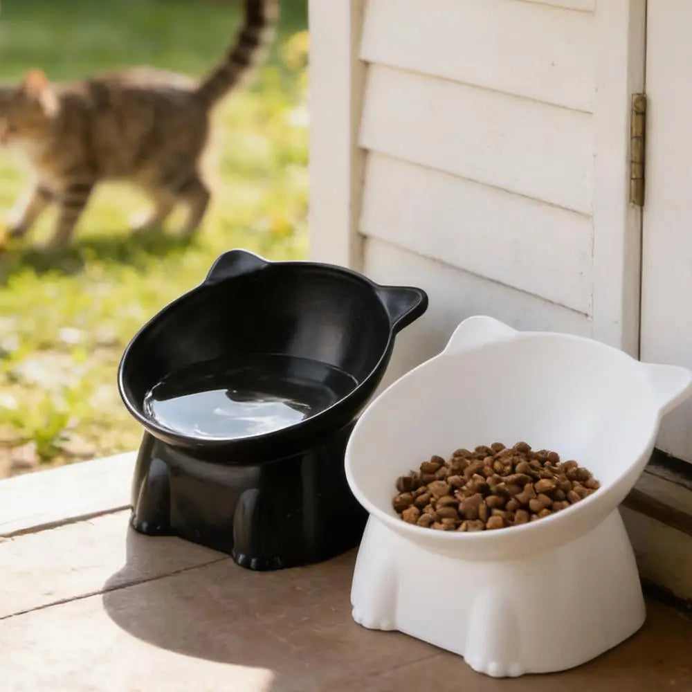 1pc WhiskerWare Elevated Cat Bowl Anti-Tip Plastic Raised Pet Feeding Dish with Tilted Edge Neck Protection Kitty Food