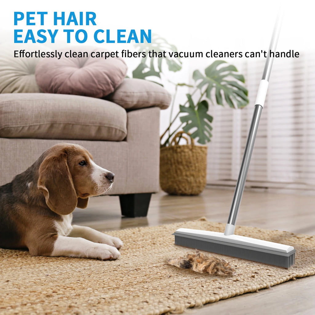 2-in-1 Rubber Broom & Scraper Brush, Silicone Pet Hair Remover for Carpet/Hardwood Floors, Long Handle Sweeper for Tile/Windows