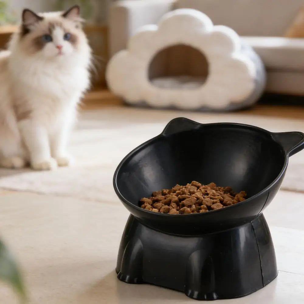 1pc WhiskerWare Elevated Cat Bowl Anti-Tip Plastic Raised Pet Feeding Dish with Tilted Edge Neck Protection Kitty Food