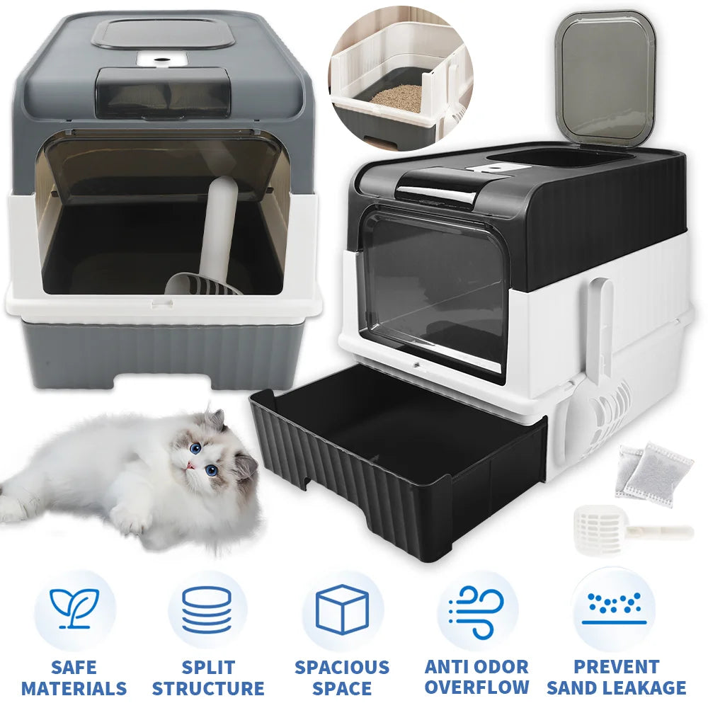 Cat Litter Box Hooded Cat Box Odor-Resistant Fully Enclosed Cat Toilet with Litter Scoop for Home Pets Supplies