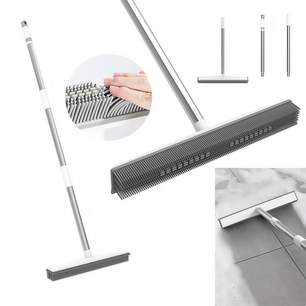 2-in-1 Rubber Broom & Scraper Brush, Silicone Pet Hair Remover for Carpet/Hardwood Floors, Long Handle Sweeper for Tile/Windows