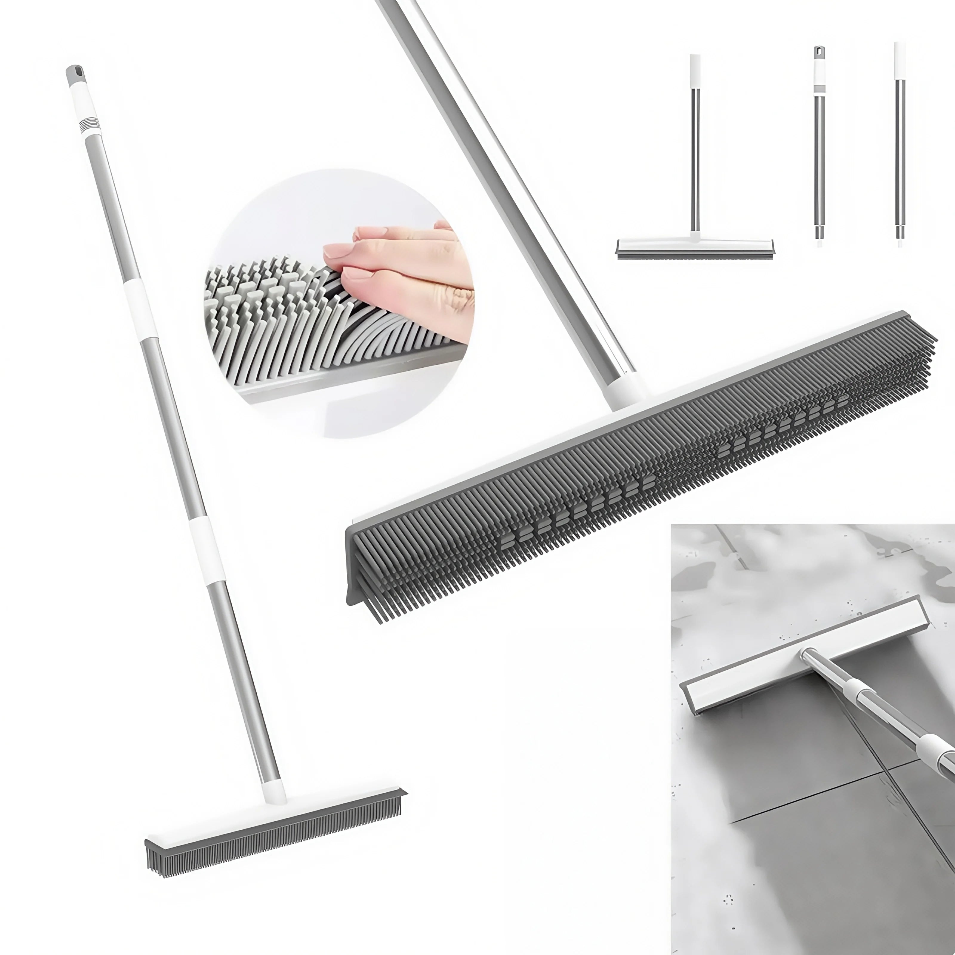 2-in-1 Rubber Broom & Scraper Brush, Silicone Pet Hair Remover for Carpet/Hardwood Floors, Long Handle Sweeper for Tile/Windows