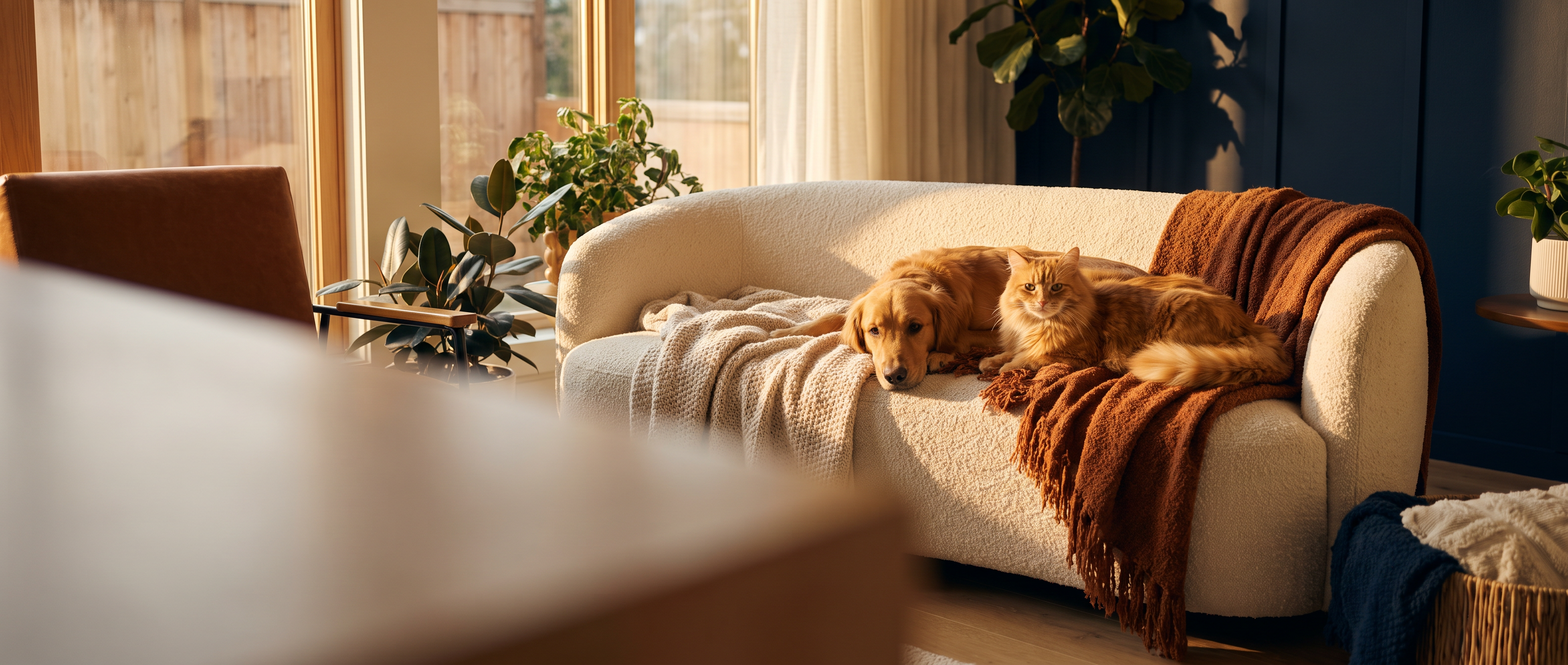 Golden retriever dog and orange tabby cat sitting together in a cozy sunlit living room, representing everyday essentials for happy pets from Scooth Pet