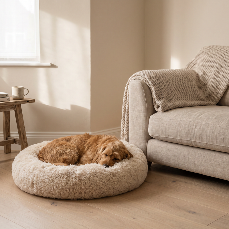 Dog asleep in a plush round bed in a calm living room