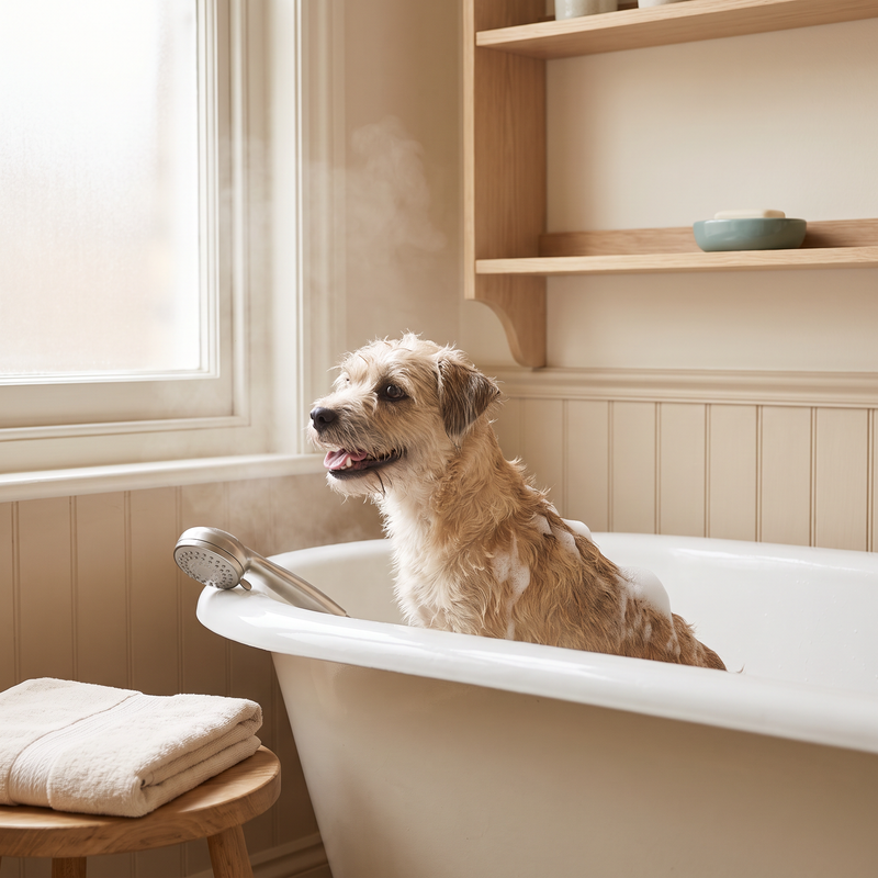 Small dog being bathed in a white bathtub with light soap suds