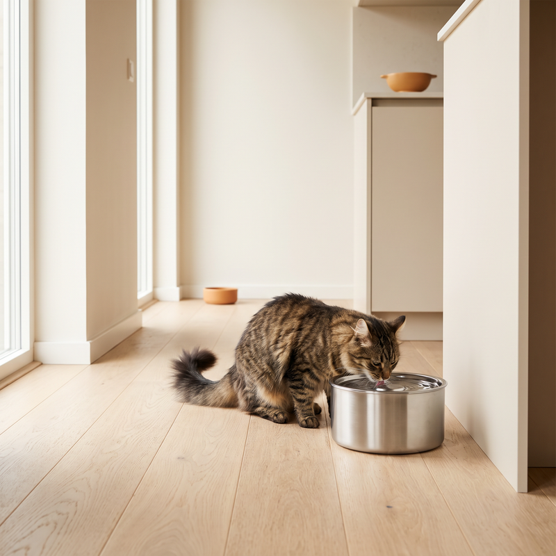 Cat drinking from a stainless steel pet water fountain in a bright kitchen