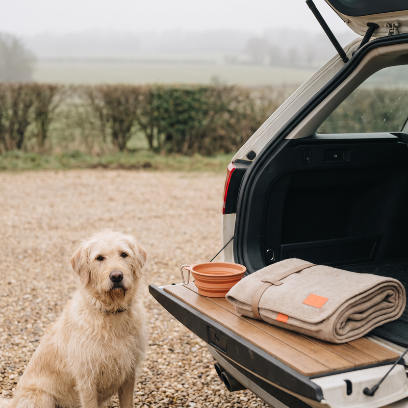 Dog waiting beside an open car boot with a travel water bowl and blanket