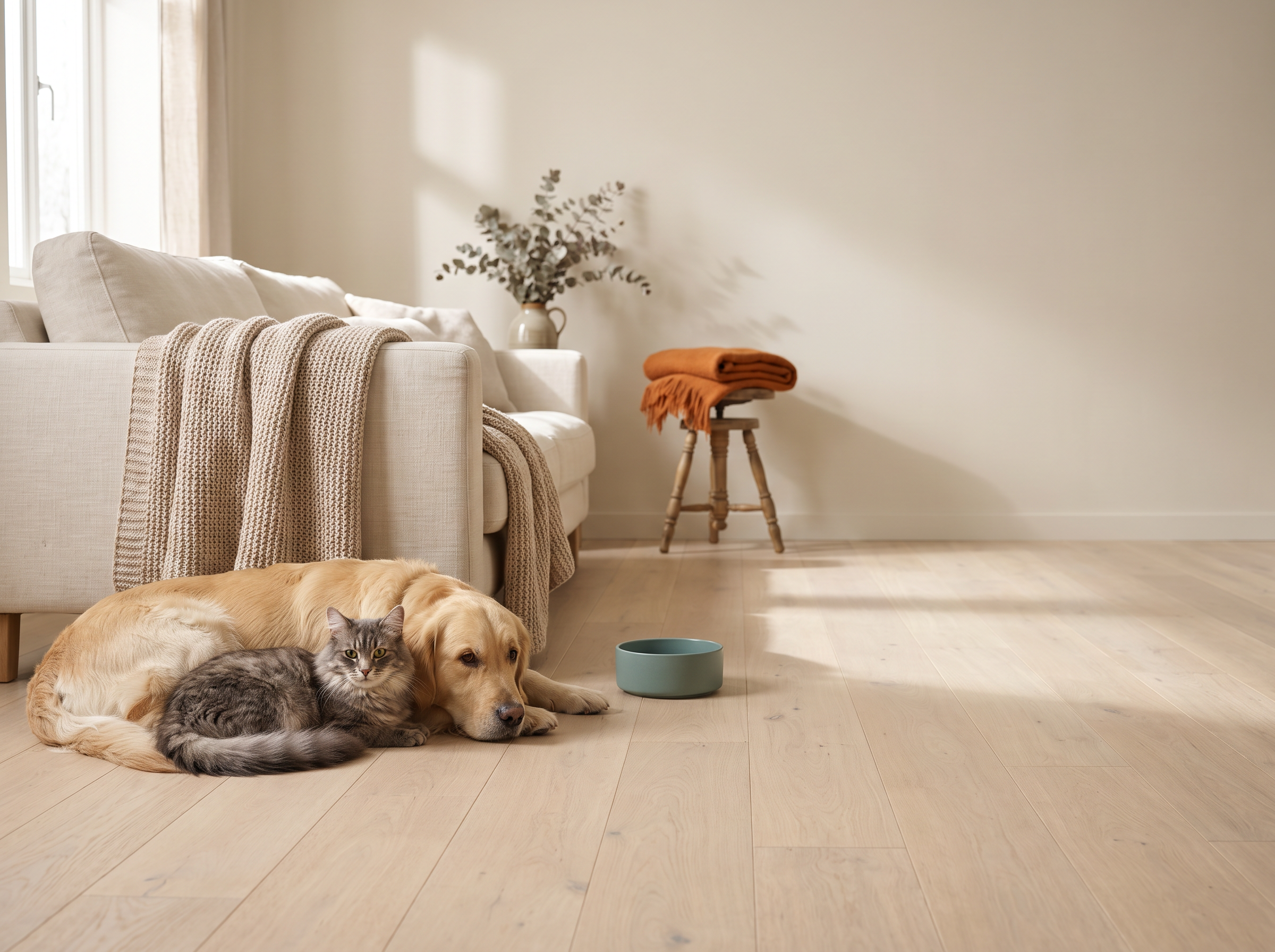 A dog and a cat resting together on a pale oak floor in a calm British living room